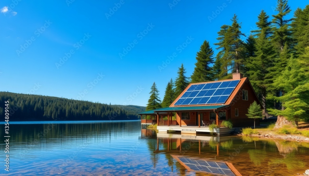 Fototapeta premium Lakeside Cabin with Solar Panels and Reflection on a Clear Blue Day
