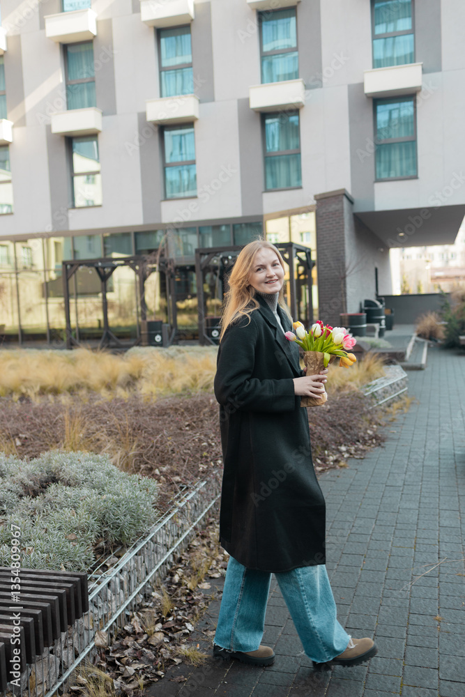 Beautiful happy Caucasian woman smelling bunch of tulips with closed eyes. High quality