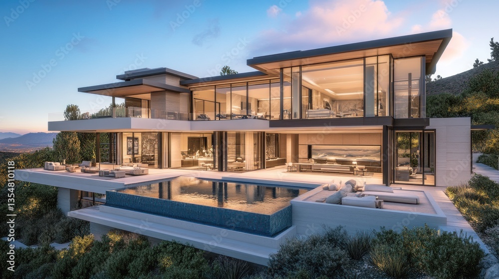 Obraz premium Modern luxury hillside home showcasing expansive views and architecture
