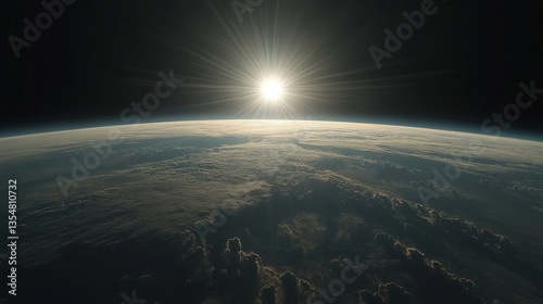 Bright Sunlight Emerging from the Earth’s Horizon with Dramatic Clouds in the Foreground Captured from Space with a Wide Angle View