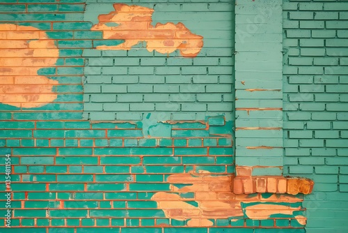 A Weathered Brick Wall with Peeling Teal Paint photo