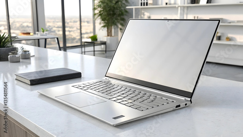 Modern Silver Laptop with Blank Screen on a Stylish Office Desk with City View