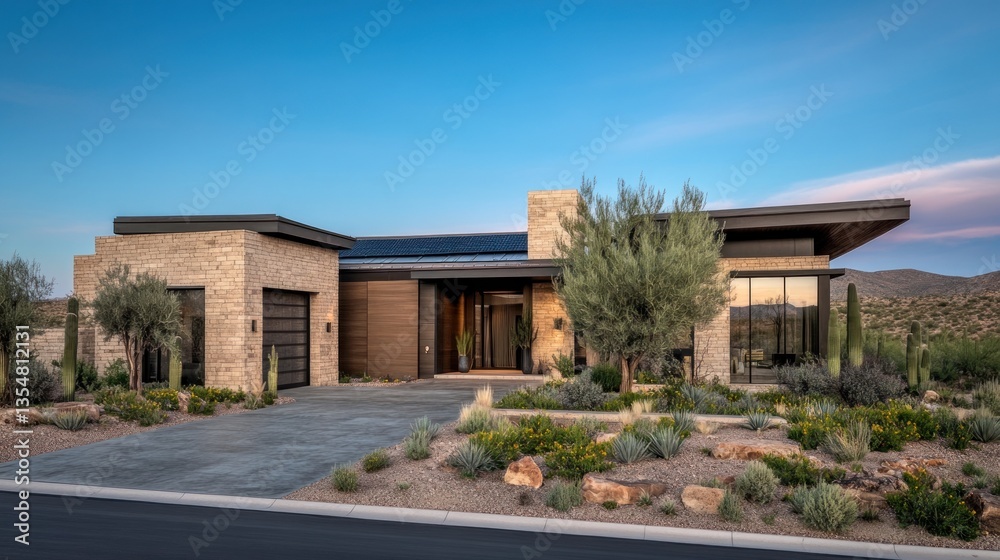 Modern home with desert landscaping under a blue sky Modern home with desert landscaping under a blue sky