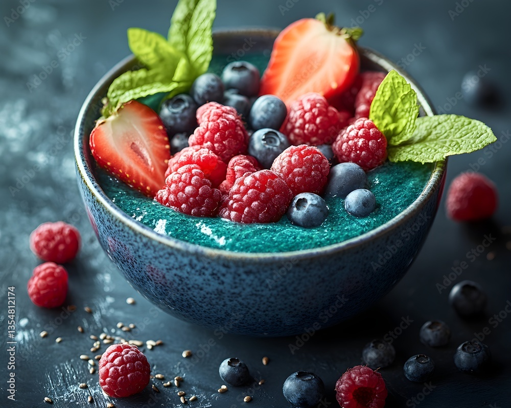 Close-Up of Spirulina Smoothie Bowl with Seeds and Fruits Highlighting Health Benefits Close-Up of Spirulina Smoothie Bowl with Seeds and Fruits Highlighting Health Benefits