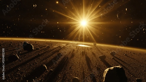Celestial Scene of Asteroids Illuminated by a Brilliant Star, Casting Long Shadows on a Cosmic Landscape Amidst the Darkness of Space
