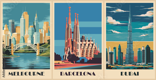Set of travel destination posters in retro style. Melbourne, Australia, Barcelona, Spain, Dubai, UAE iconic landscapes vector art illustrations 