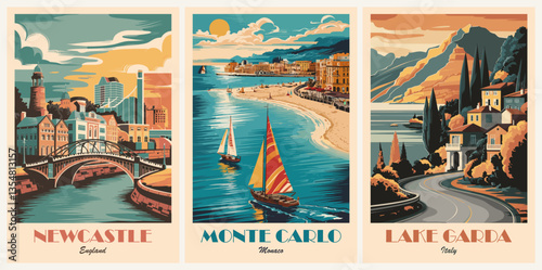 Set of Travel Destination Posters in retro style. Lake Garda, Italy, Monte Carlo, New Castle digital prints. International summer vacation, holidays concept. Vintage vector colorful illustrations.	
