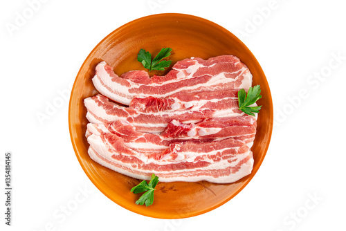 Bacon slices pork meat fresh delicious gourmet food background on the table rustic food top view copy space