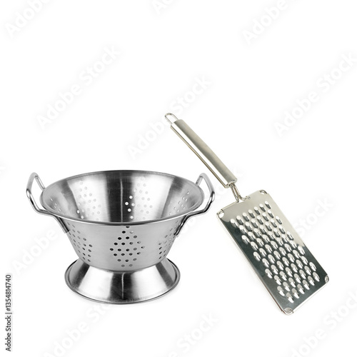 Stainless steel grater and metal colander isolated on white background. Collage. Free space for text.