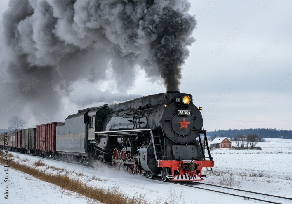 Obraz premium A vintage steam locomotive chugs through a snowy landscape, emitting thick black smoke into the cold air
