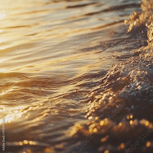 Close-up of golden waves gently touching sandy beach at sunset, capturing intricate textures and nostalgic lighting Generative AI