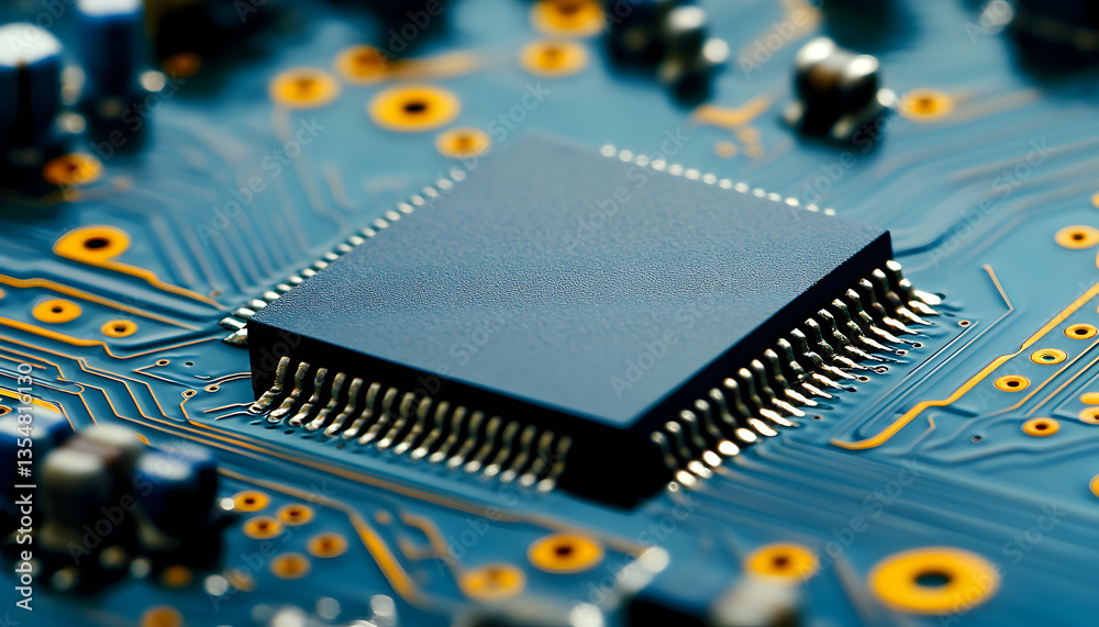 Close-up of a microchip on a circuit board, showcasing intricate details and technological advancement. Close-up of a microchip on a circuit board, showcasing intricate details and technological advancement.