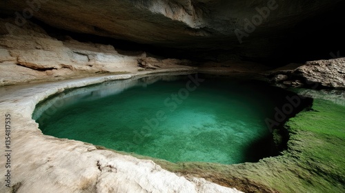 Cave pool, emerald green water.  Rocky cave walls