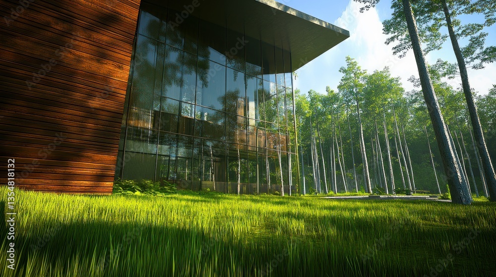 Fototapeta premium Modern building with large windows surrounded by trees and grass