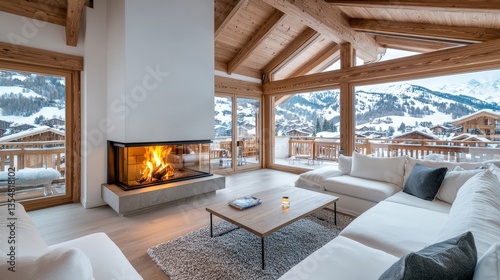 Luxury home and mansion premium  A cozy  modern living room featuring a fireplace  large windows with snowy views  and stylish furniture in a warm wooden setting.