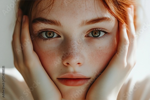 Young caucasian female with freckles and red hair gazing intently