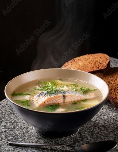 A steaming bowl of Norwegian fish soup garnished with dill and served on a granite countertop with rye bread