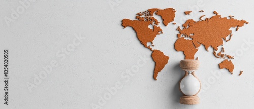 Fototapeta Naklejka Na Ścianę i Meble -  A world map in earthy tones alongside an hourglass, symbolizing time management in a global context.