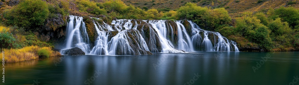 Fototapeta premium A beautiful cascade of water flows into a serene lake below