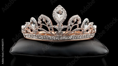 Grand silver pageant crown encrusted with diamonds, resting on a black pillow, symbolizing the glory of the beauty queen winner.