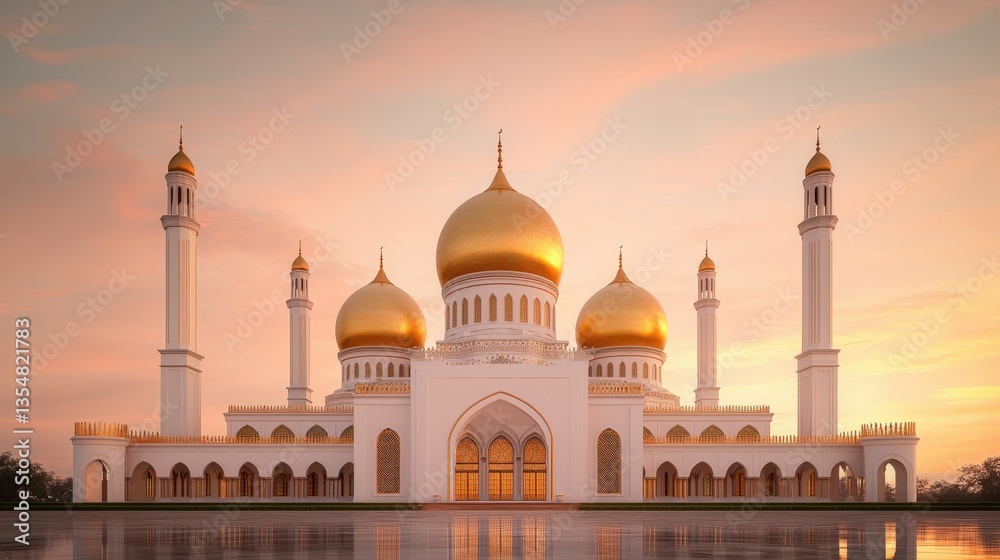 Obraz premium Luxury home and mansion premium, A stunning mosque with golden domes and minarets, set against a picturesque sunset, reflecting elegance and architectural beauty.