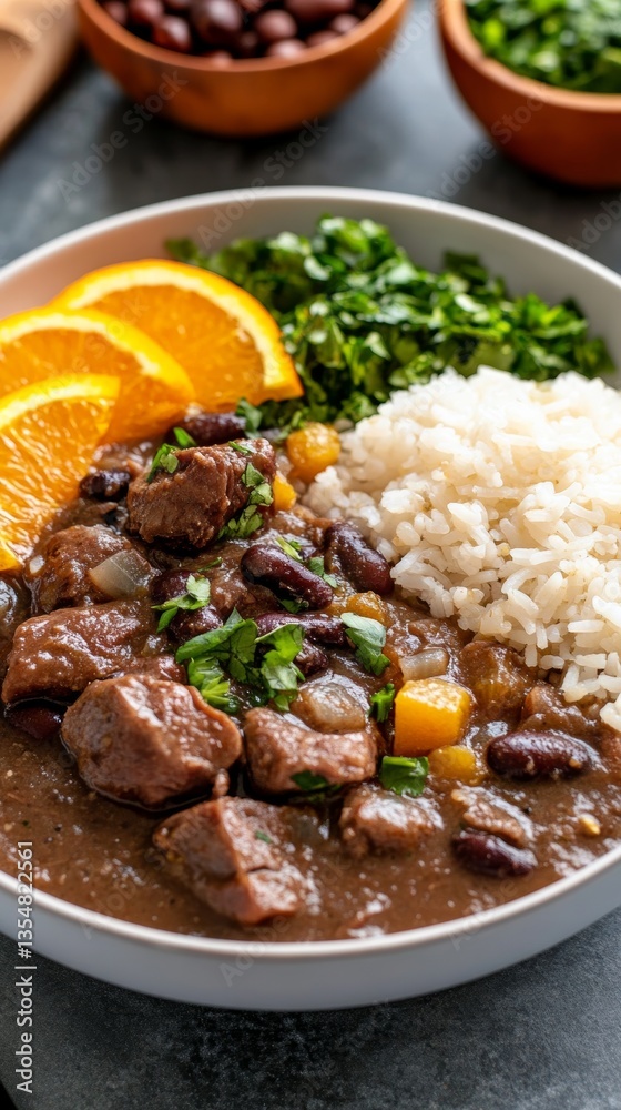 Enjoying a plate of Brazilian feijoada with black bean stew, rice, orange slices, and collard greens in a vibrant festive setting Enjoying a plate of Brazilian feijoada with black bean stew, rice, orange slices, and collard greens in a vibrant festive setting