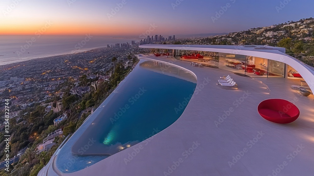 Fototapeta premium Modern luxurious home features a pool overlooking a city landscape