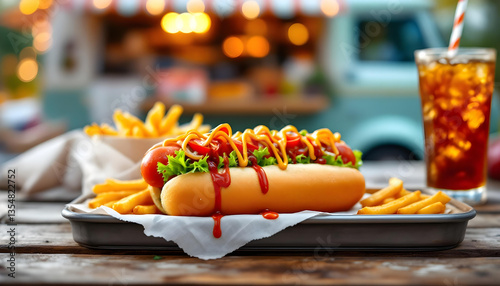 Delicious Hot Dog with Fries and Soda at an Outdoor Food Stall