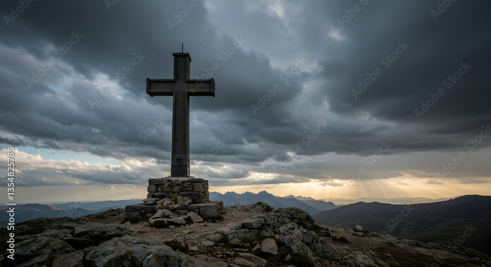 Cross Silhouette on Rocky Summit Under Dramatic Cloudy Sky at Dusk Cross Silhouette on Rocky Summit Under Dramatic Cloudy Sky at Dusk