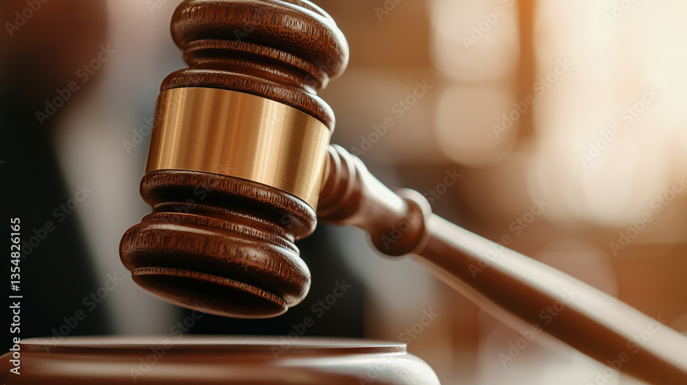 Verdict Delivered â A gavel mid-strike, captured just before impact. The judgeâs stern face looms in the blurred background, the tension thick.