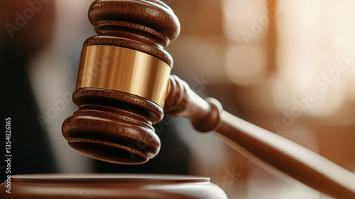 Obraz na płótnie Verdict Delivered â A gavel mid-strike, captured just before impact. The judgeâs stern face looms in the blurred background, the tension thick. w salonie