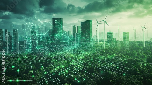 Sustainable science texture featuring AI-optimized renewable energy grids, green nanotechnology networks, and futuristic eco-friendly material patterns