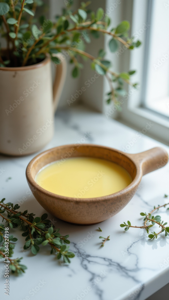 A bowl filled with yellow liquid sitting on a kitchen counter. A bowl filled with yellow liquid sitting on a kitchen counter.