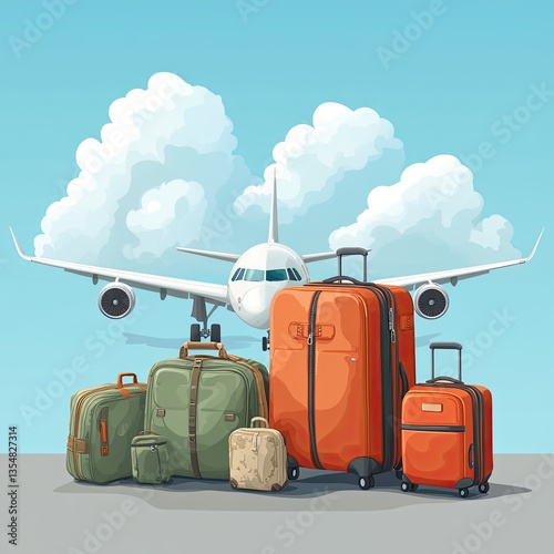 Travel transport background. Airplane, luggage with travel accessories.