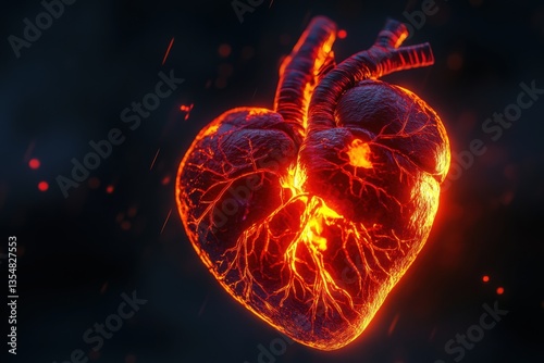 Glowing Heart Illustration with Luminous Vessels, Emphasizing Health, Love, and Passion in a Creative Conceptual Art Design