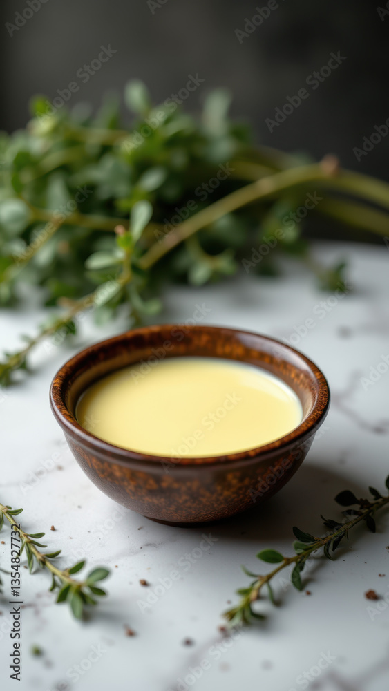 A bowl of yellow-colored beef tallow with herbs on a marble surface.