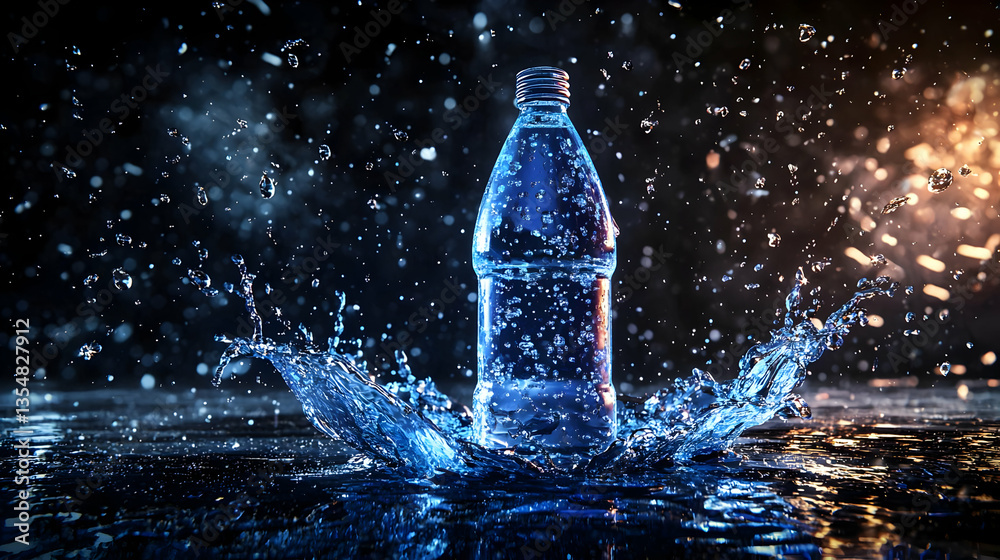 Sparkling water bottle surrounded by a dynamic water splash Sparkling water bottle surrounded by a dynamic water splash