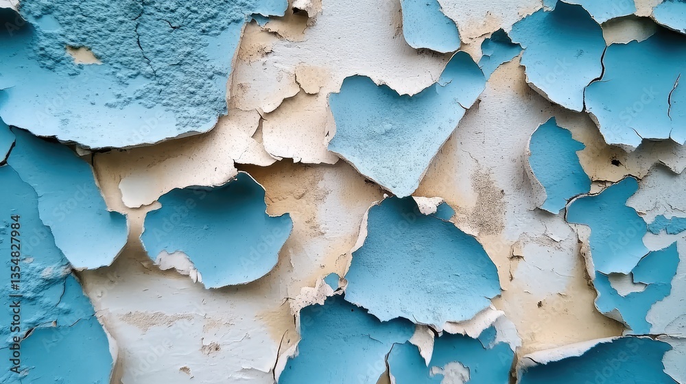 Obraz premium Worn blue wall with paint peeling off, exposing the rough concrete surface, blending shades of blue and white in a natural pattern.