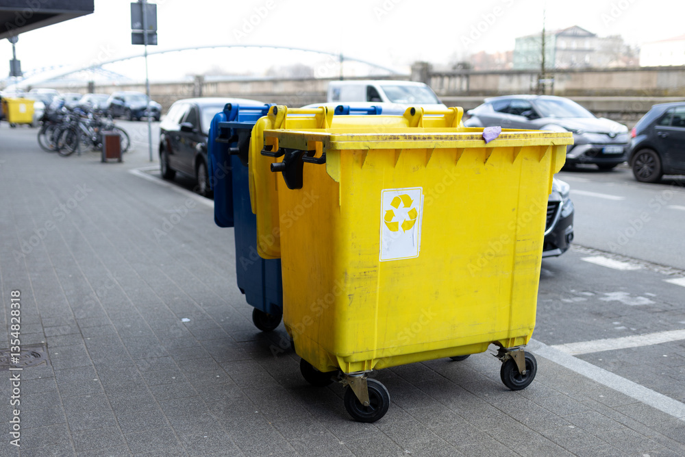 Yellow and blue Recycling Bin for plastic Waste. Waste containers for garbage segregation in Poland. Environmental conservation saving planet from contamination
