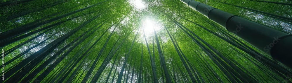 Fototapeta premium Lush green bamboo forest reaching upwards towards the bright sun