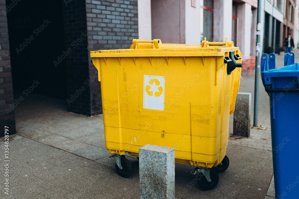 Yellow and blue Recycling Bin for plastic Waste. Waste containers for garbage segregation in Poland. Environmental conservation saving planet from contamination