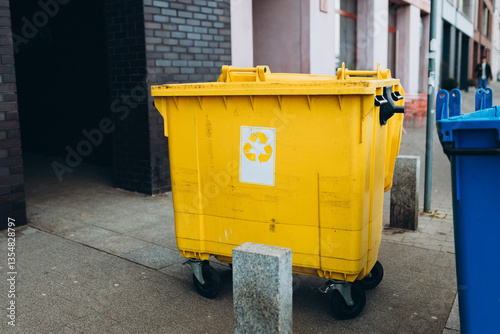 Obraz na płótnie Yellow and blue Recycling Bin for plastic Waste. Waste containers for garbage segregation in Poland. Environmental conservation saving planet from contamination w salonie