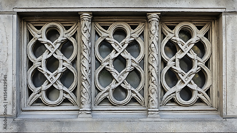 Sophisticated rendering of decorative tracery featuring interwoven patterns and fine detailing in architectural stonework for window designs and facades Sophisticated rendering of decorative tracery featuring interwoven patterns and fine detailing in architectural stonework for window designs and facades