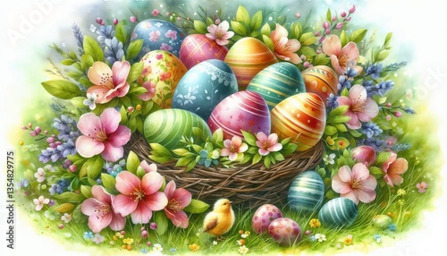 Colorful Easter eggs in a beautifully arranged basket surrounded by vibrant flowers and a chick