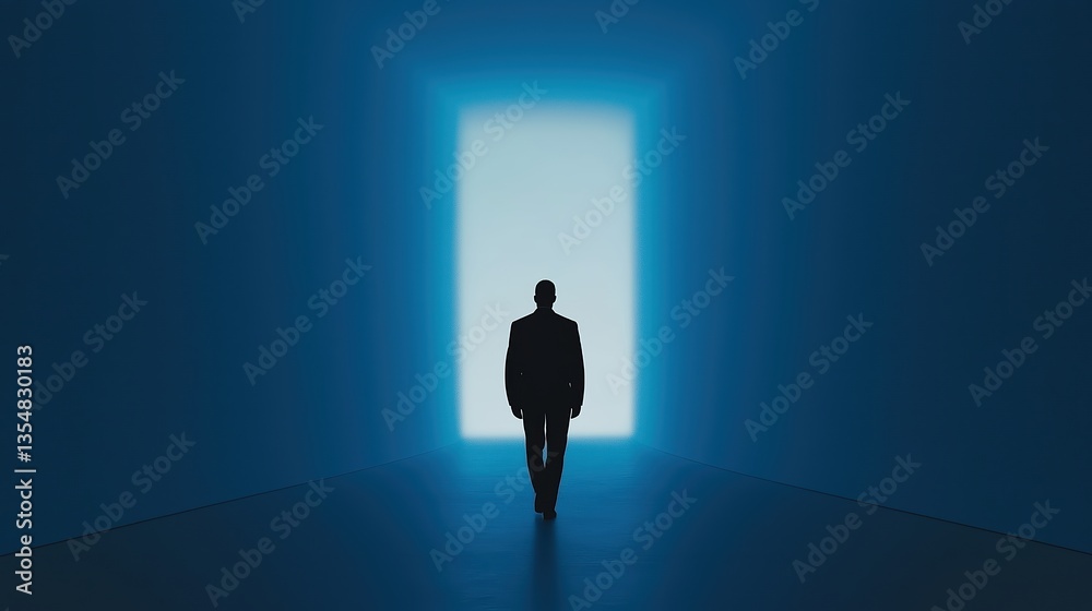 Obraz premium Confident Male Entrepreneur Walking Through Lighted Entrance in a Modern Business Setting