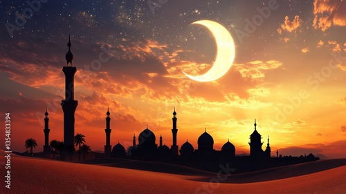 Majestic Sunset Over Desert Landscape Featuring Silhouette of Mosques with Moon and Stars Illuminating the Evening Sky, Evoking Tranquility and Spirituality
