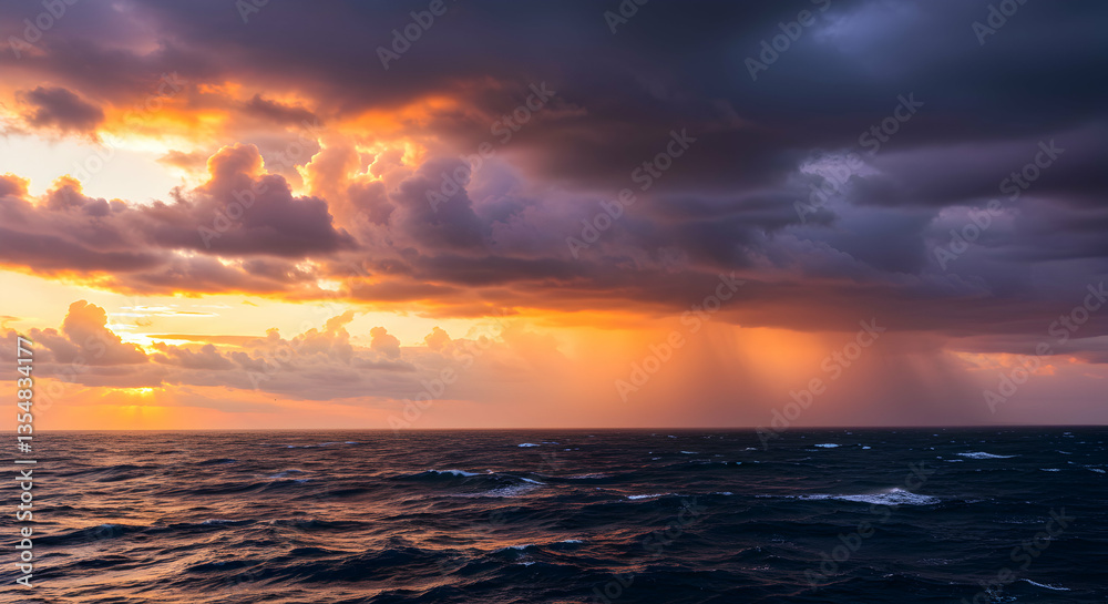 Fototapeta premium Ocean Waves Under Stormy Skies with Dramatic Sunset Sunlight
