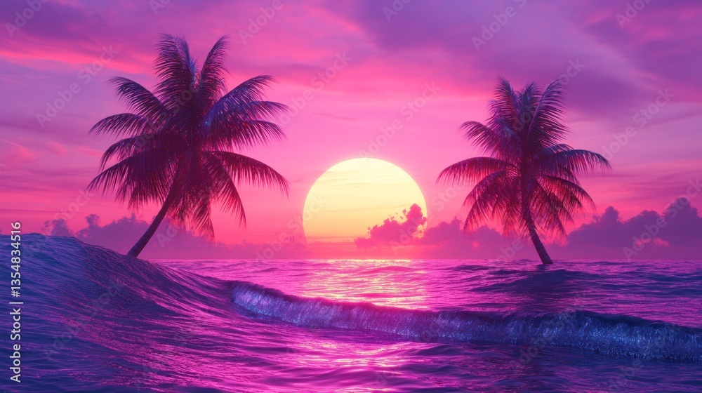 Obraz premium Two palm trees stand on a beach with sunset colors