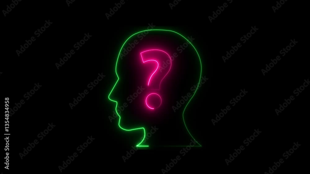 Neon line Human head with question mark icon animation with technology black background on 4k video. Neon line Human head with question mark icon animation with technology black background on 4k video.