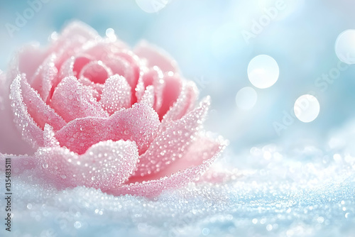 Delicate pink rose covered in sparkling water droplets, soft blue bokeh background. Perfect for greeting cards, websites, or romantic themes.